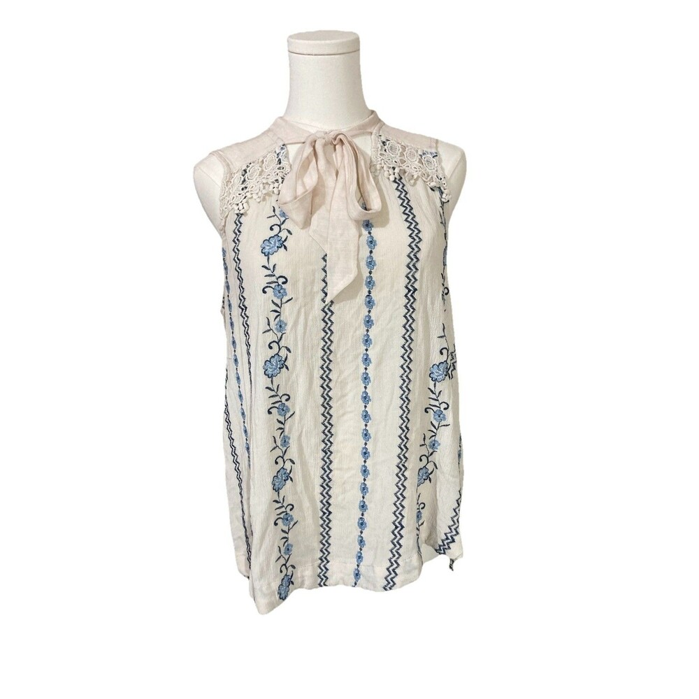 Knox Rose top medium floral embroidered top blouse Cream Blue C11